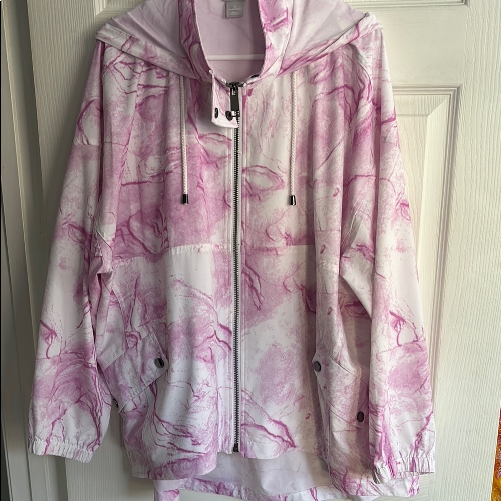 Pink and White Bomber Jacket with Hood and Zipper